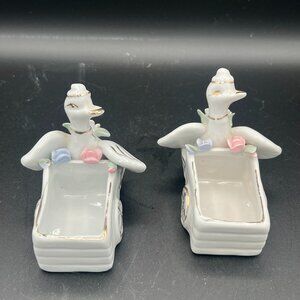 Vintage 1950s Hand Painted Porcelain Duck Figurine Pushing a Cart Small Planter